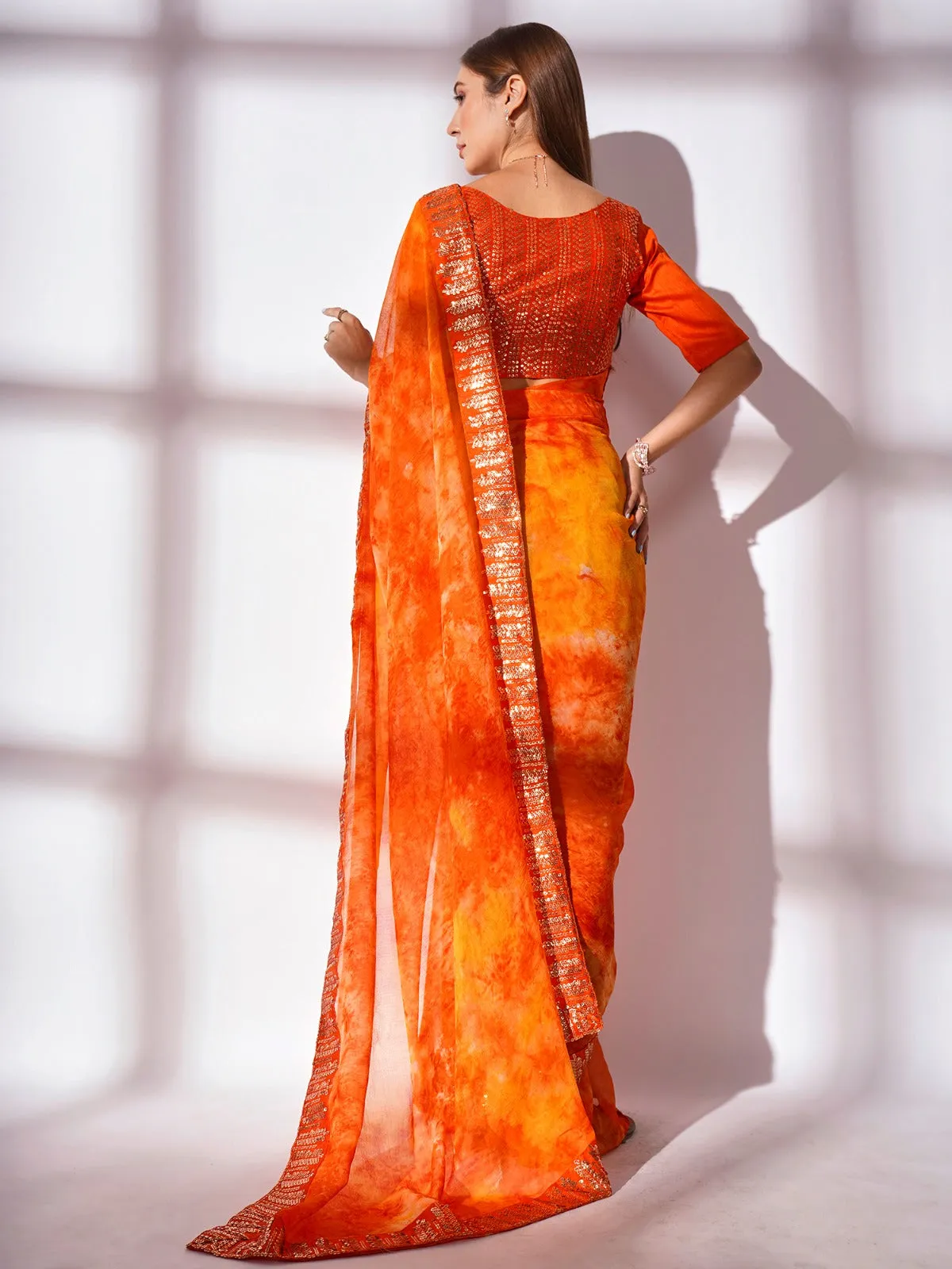 Women Party Wear Digital Printed Saree with Heavy Lace Border and Un Stitched Blouse