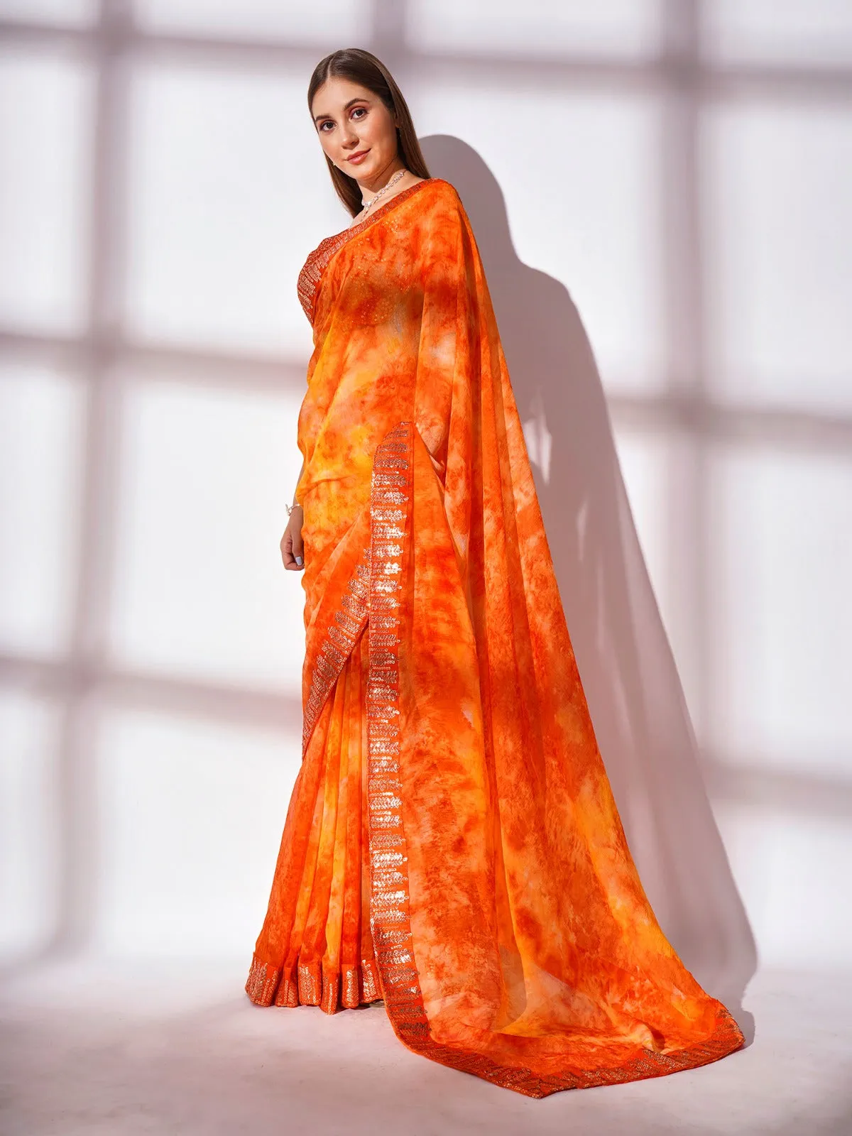 Women Party Wear Digital Printed Saree with Heavy Lace Border and Un Stitched Blouse