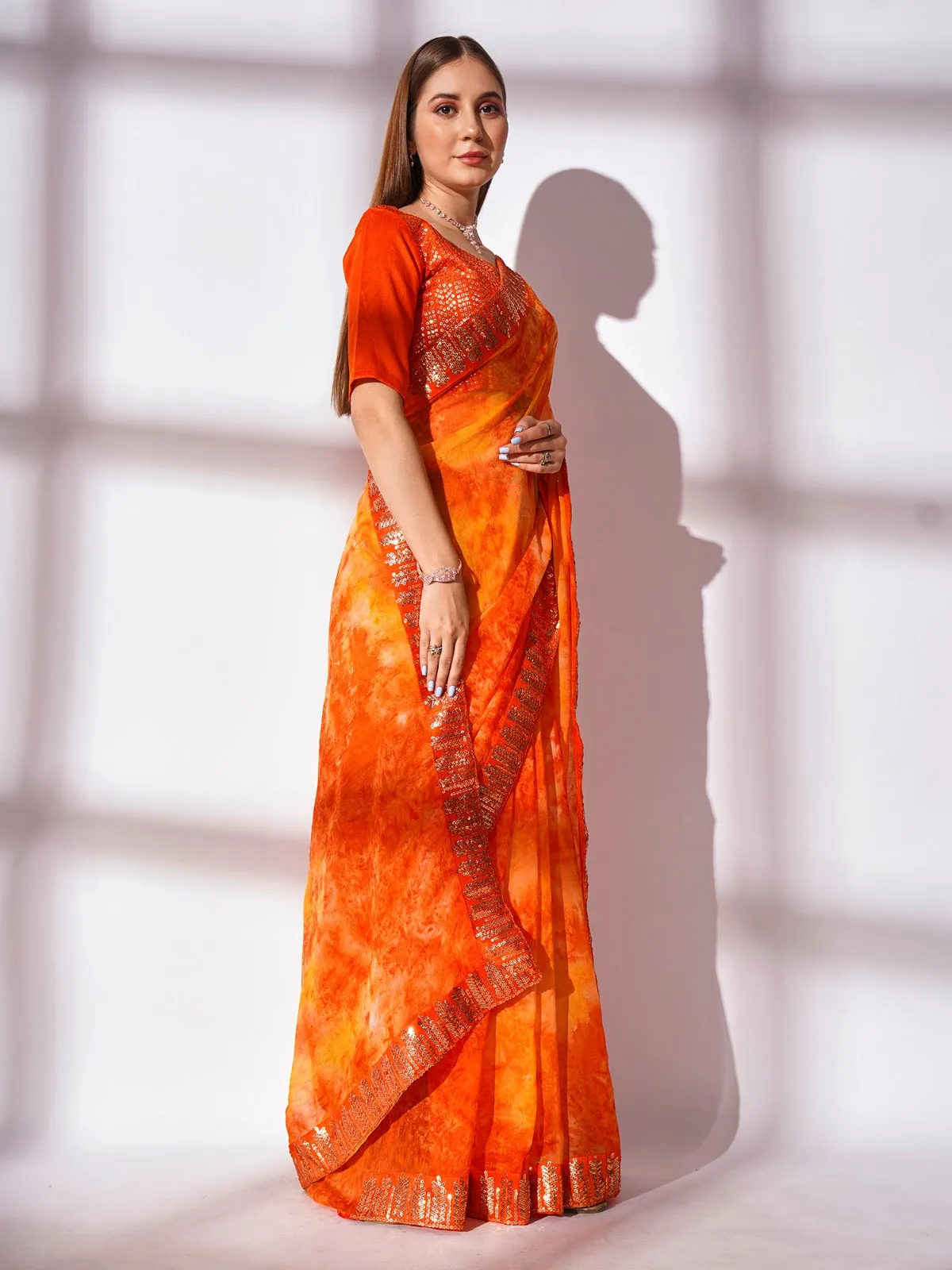 Women Party Wear Digital Printed Saree with Heavy Lace Border and Un Stitched Blouse