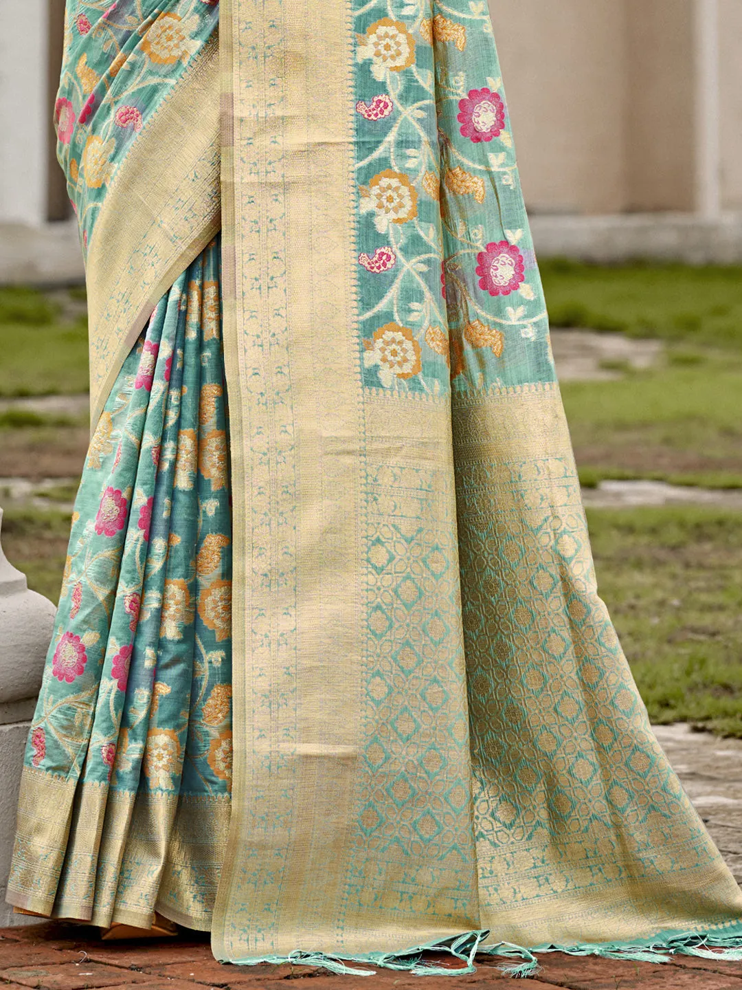 Women Sky Blue Organza Saree With Un Stitched Blouse