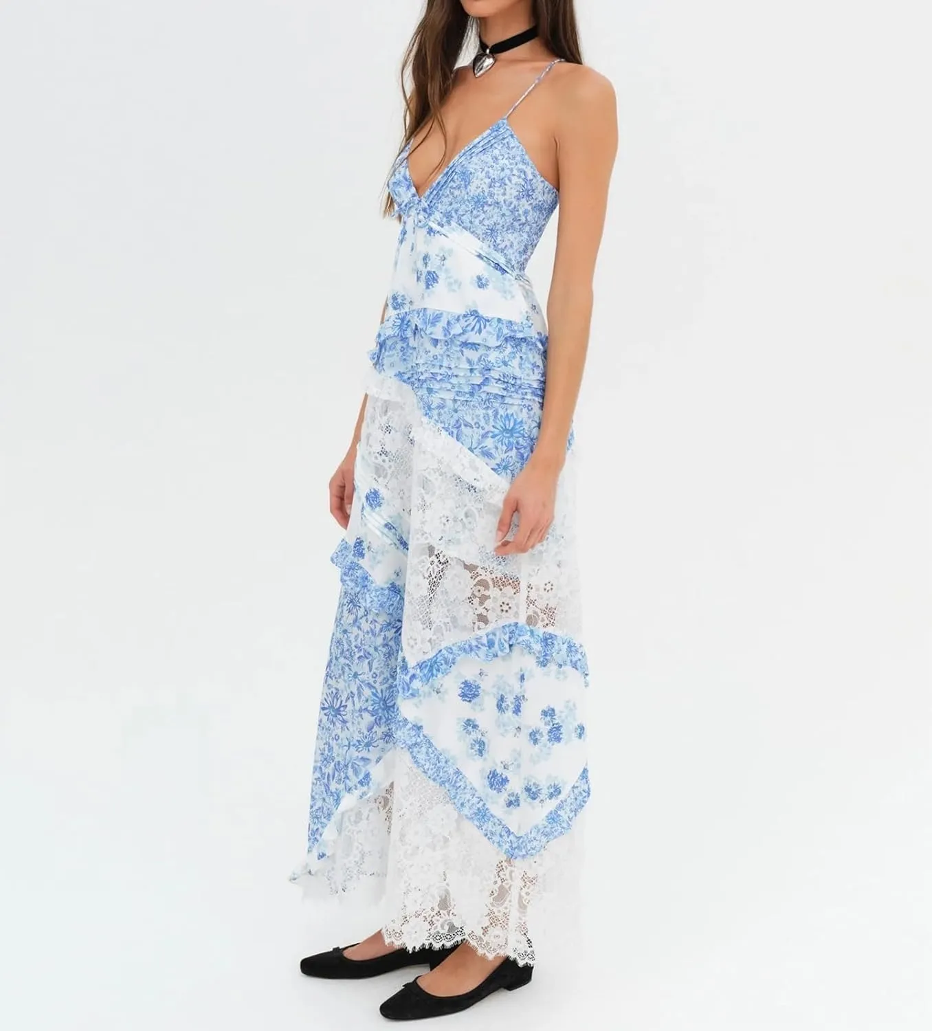 Women Y2k Floral Smocked Maxi Dress Bow Tie Shoulder Tiered Ruffle Midi Sun Dress Boho Casual Beach Long Dresses
