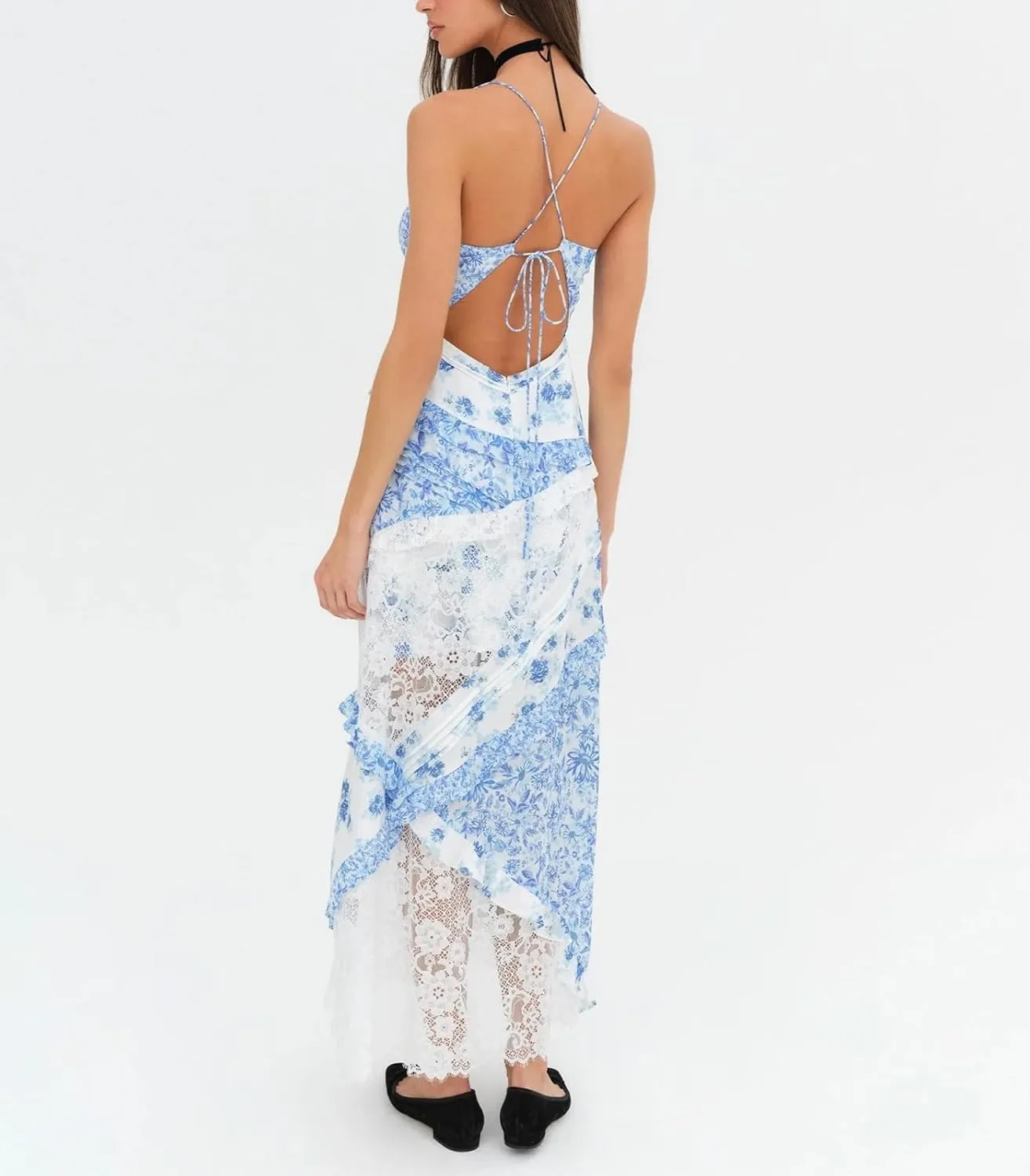 Women Y2k Floral Smocked Maxi Dress Bow Tie Shoulder Tiered Ruffle Midi Sun Dress Boho Casual Beach Long Dresses