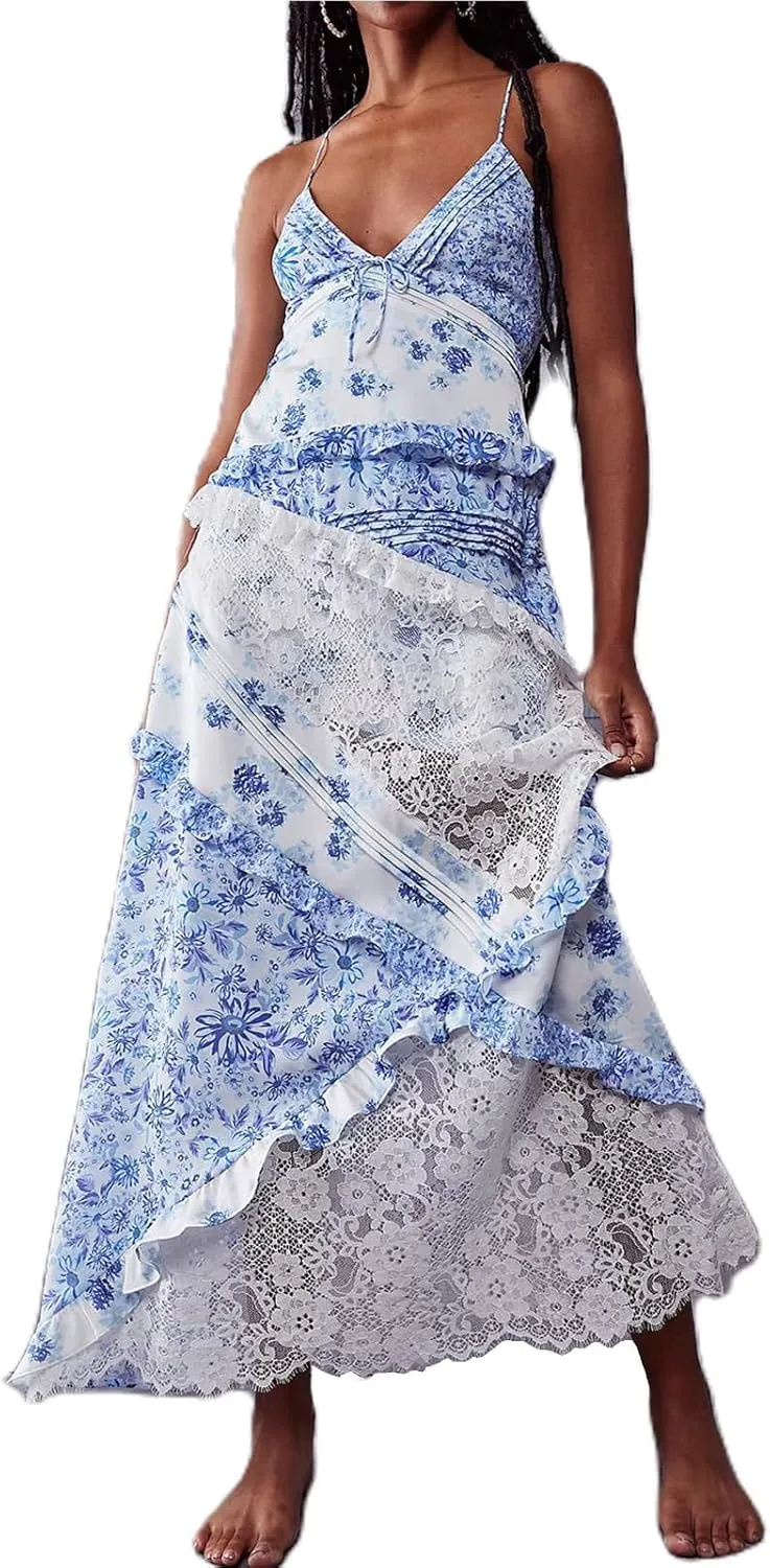 Women Y2k Floral Smocked Maxi Dress Bow Tie Shoulder Tiered Ruffle Midi Sun Dress Boho Casual Beach Long Dresses