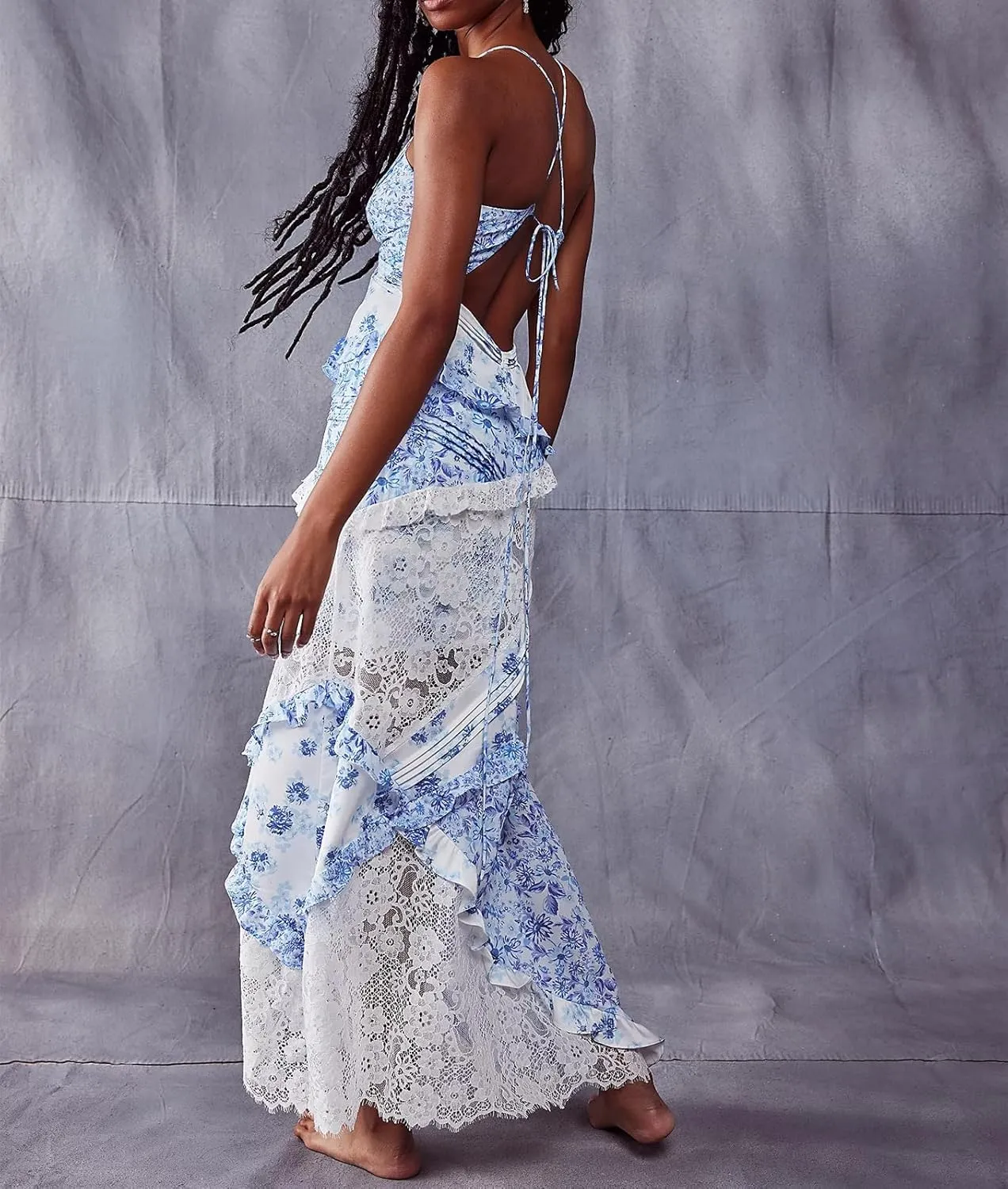 Women Y2k Floral Smocked Maxi Dress Bow Tie Shoulder Tiered Ruffle Midi Sun Dress Boho Casual Beach Long Dresses