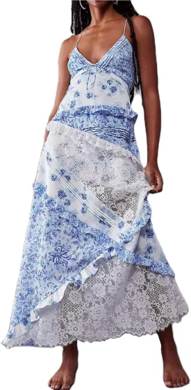Women Y2k Floral Smocked Maxi Dress Bow Tie Shoulder Tiered Ruffle Midi Sun Dress Boho Casual Beach Long Dresses
