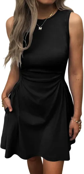 Women's Casual Dress Summer Sleeveless Ruched Waist Elegant Pleated Slim-Fit Mini Dresses with Pockets