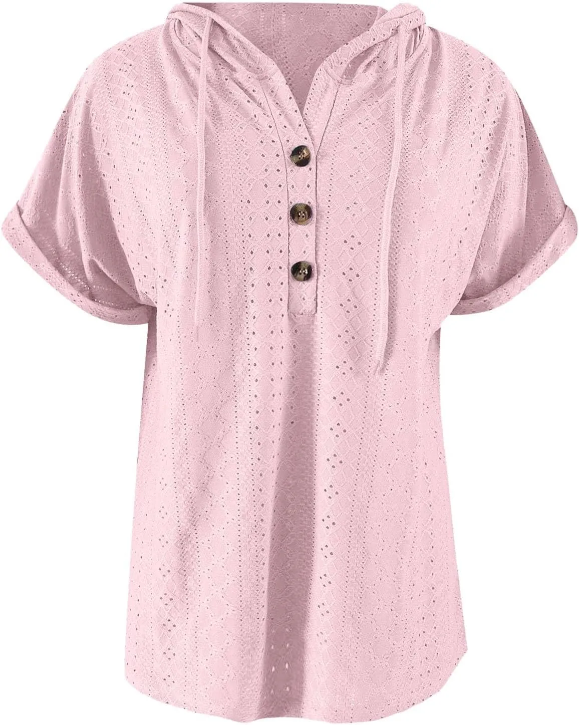 Women's Casual Summer Tops Short Sleeve Drawstring Hoodies Button V Neck T-Shirts Loose Fit Pullover Hooded Blouse