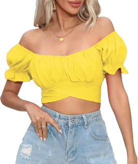 Women's Crop Tops Ruffle Short Sleeve Tie Back Summer Off Shoulder Top Blouse