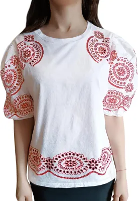 Women's Eyelet Print Blouse  Puff Sleeve Balloon Style Design, White Top with Red Patterned Details