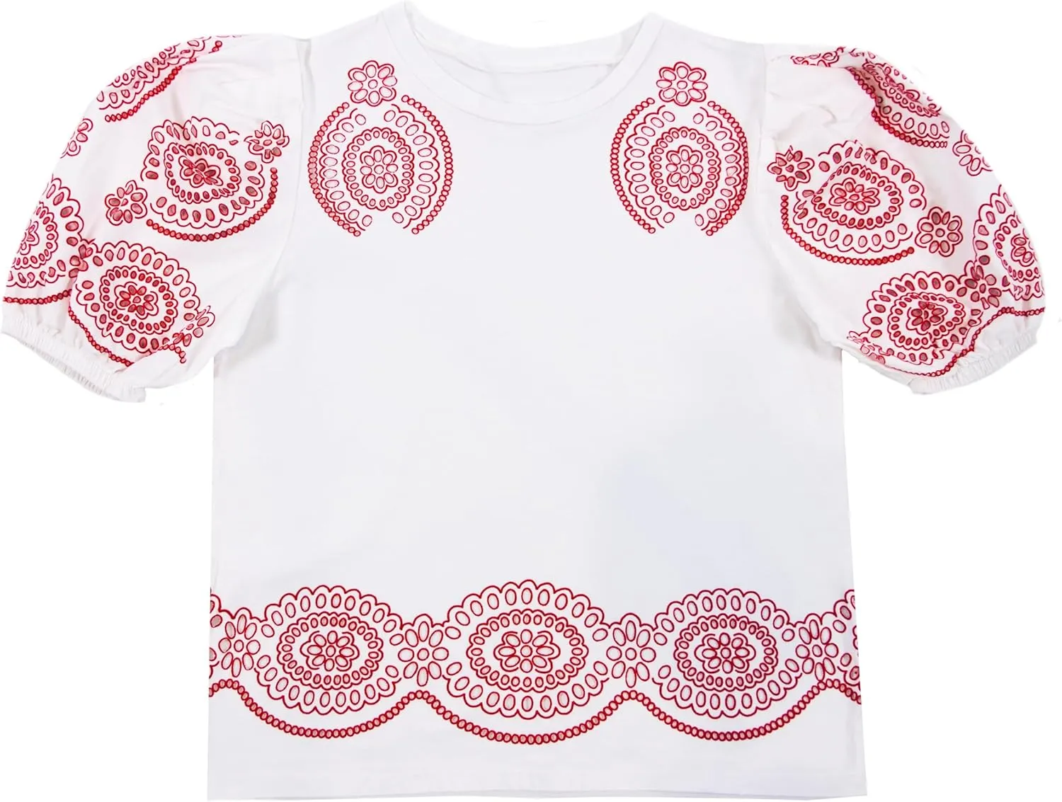 Women's Eyelet Print Blouse  Puff Sleeve Balloon Style Design, White Top with Red Patterned Details