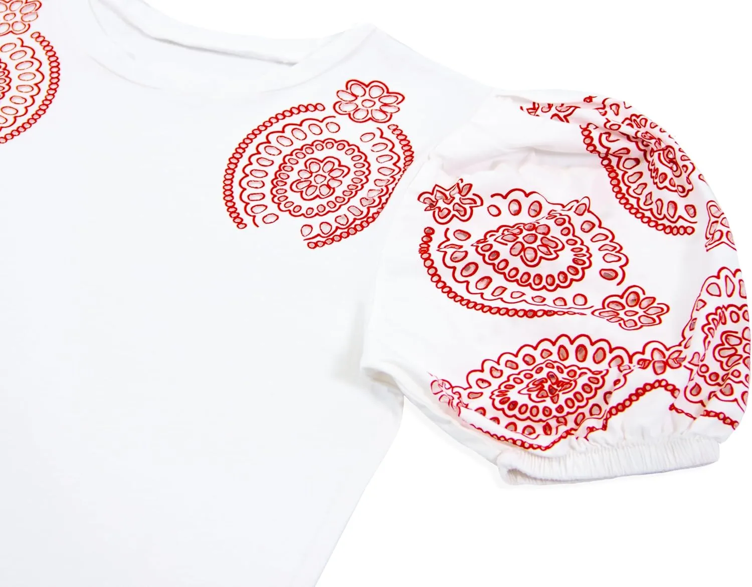 Women's Eyelet Print Blouse  Puff Sleeve Balloon Style Design, White Top with Red Patterned Details