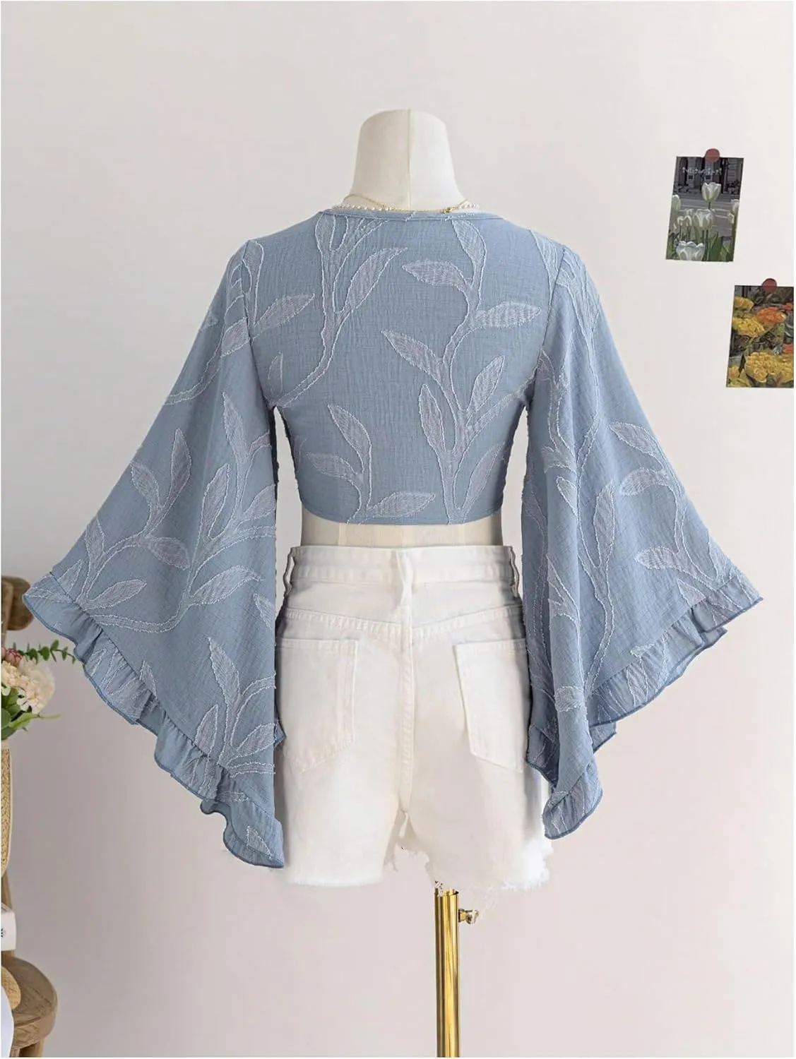 Women's Floral 70s Top Hippie Shirt Bow Tie Front Disco Deep V Ruffle Blouse