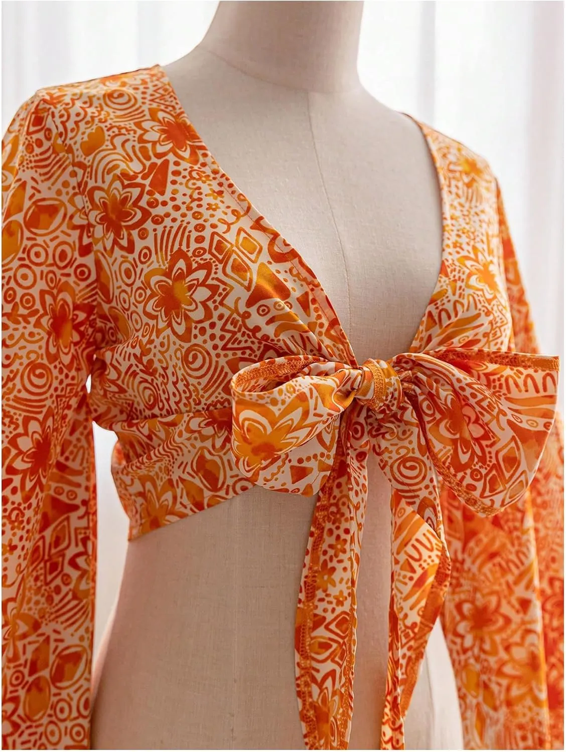 Women's Floral 70s Top Hippie Shirt Bow Tie Front Disco Deep V Ruffle Blouse
