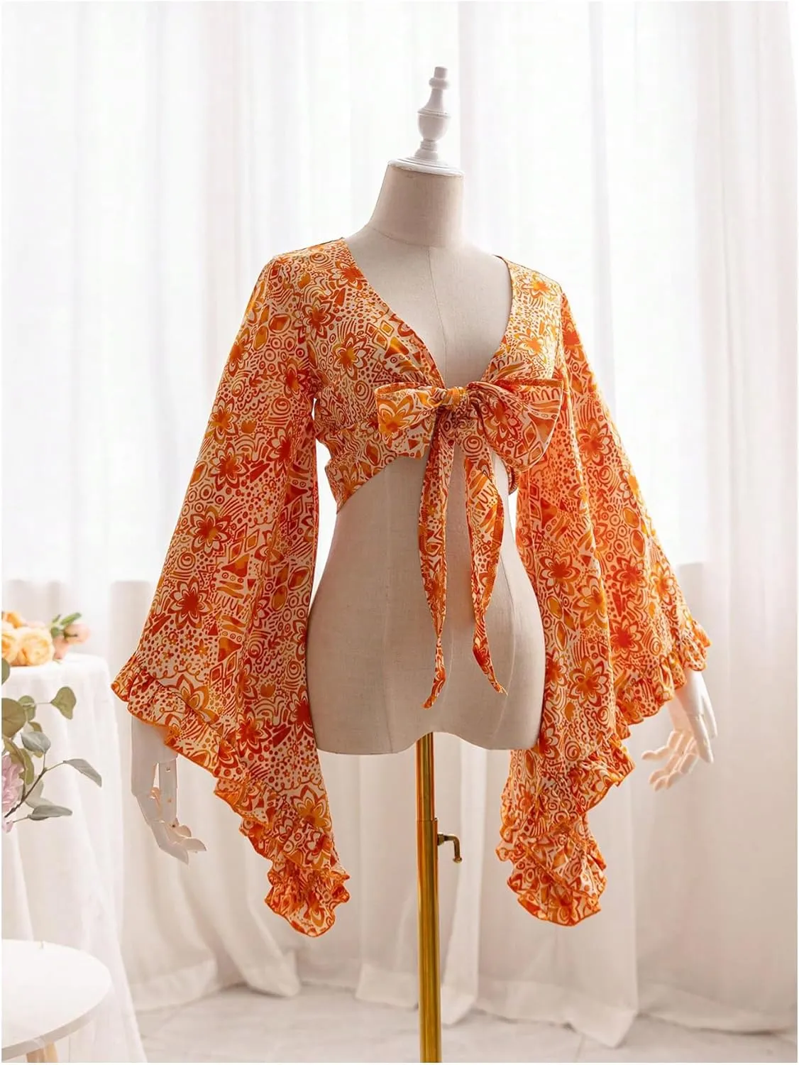 Women's Floral 70s Top Hippie Shirt Bow Tie Front Disco Deep V Ruffle Blouse
