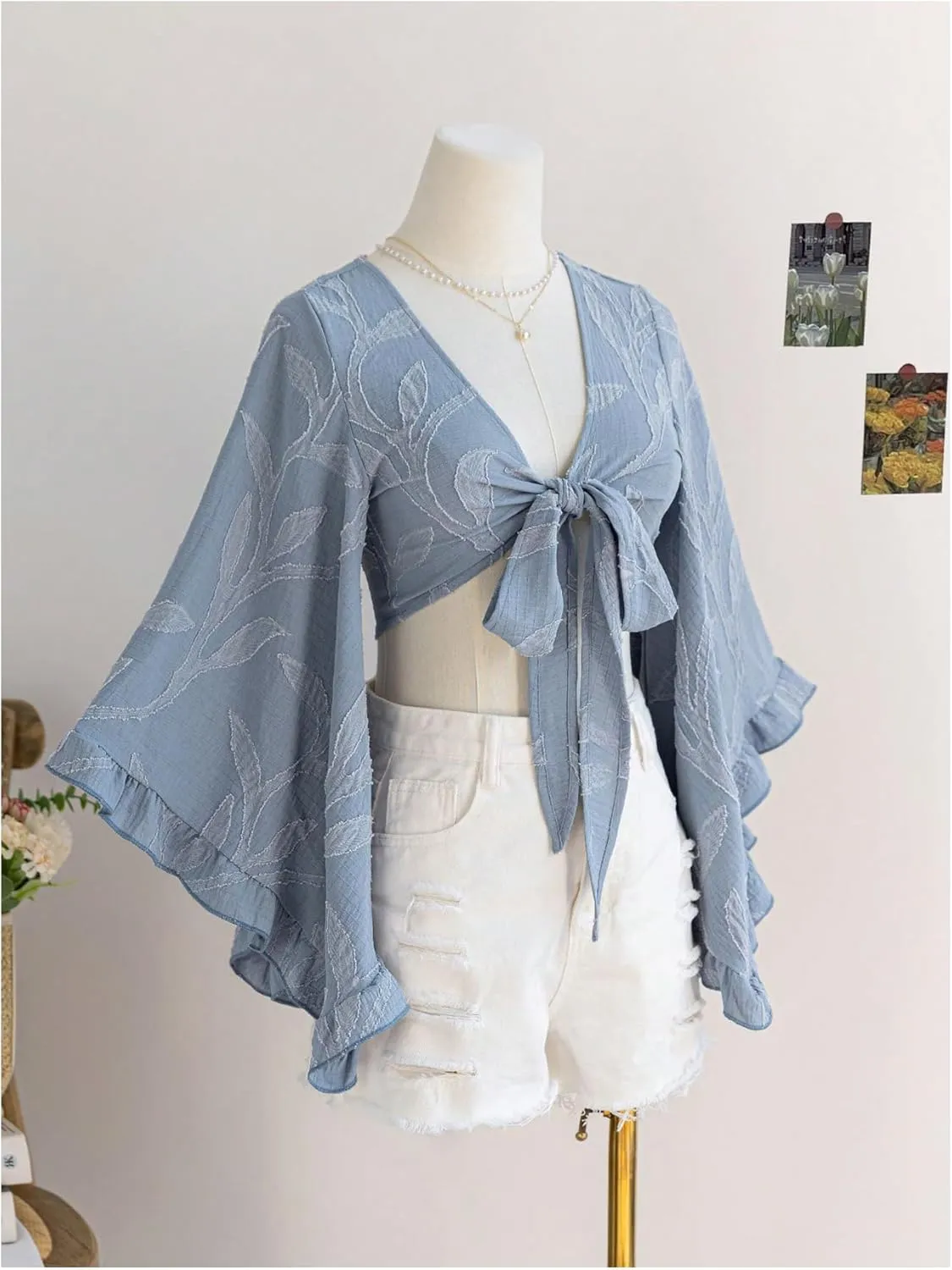 Women's Floral 70s Top Hippie Shirt Bow Tie Front Disco Deep V Ruffle Blouse