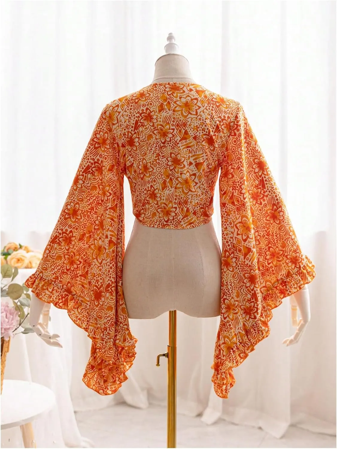 Women's Floral 70s Top Hippie Shirt Bow Tie Front Disco Deep V Ruffle Blouse