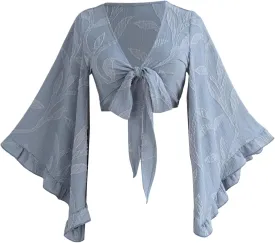 Women's Floral 70s Top Hippie Shirt Bow Tie Front Disco Deep V Ruffle Blouse