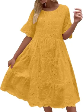 Women's Lace Eyelet Short Sleeve Tiered Midi Long Dress Ruffle Hem Cute Babydoll Short Dress 2024