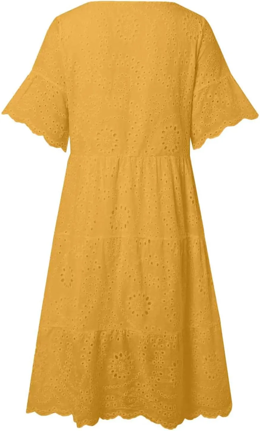 Women's Lace Eyelet Short Sleeve Tiered Midi Long Dress Ruffle Hem Cute Babydoll Short Dress 2024