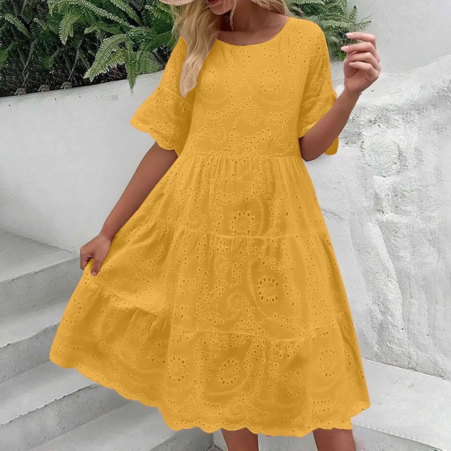 Women's Lace Eyelet Short Sleeve Tiered Midi Long Dress Ruffle Hem Cute Babydoll Short Dress 2024