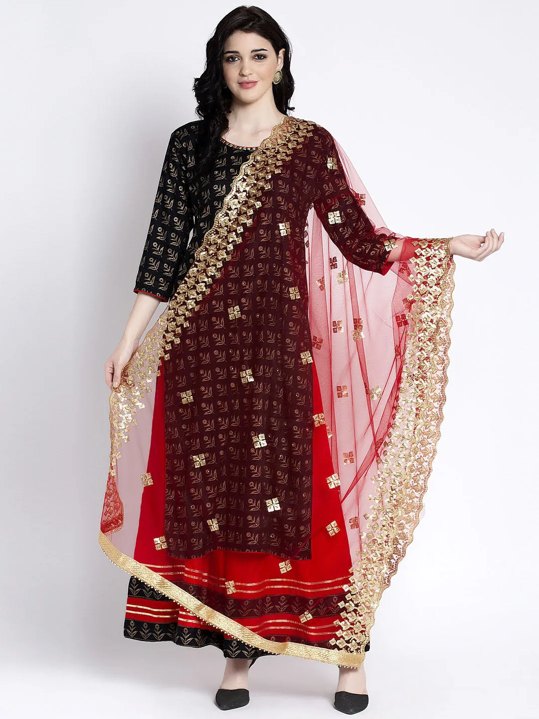 Women'S Red Embellished Net Dupatta