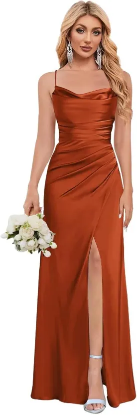 Women's Satin Bridesmaid Dresses with Slit Mermaid Prom Dress Long Ruched Wedding Guest Gown