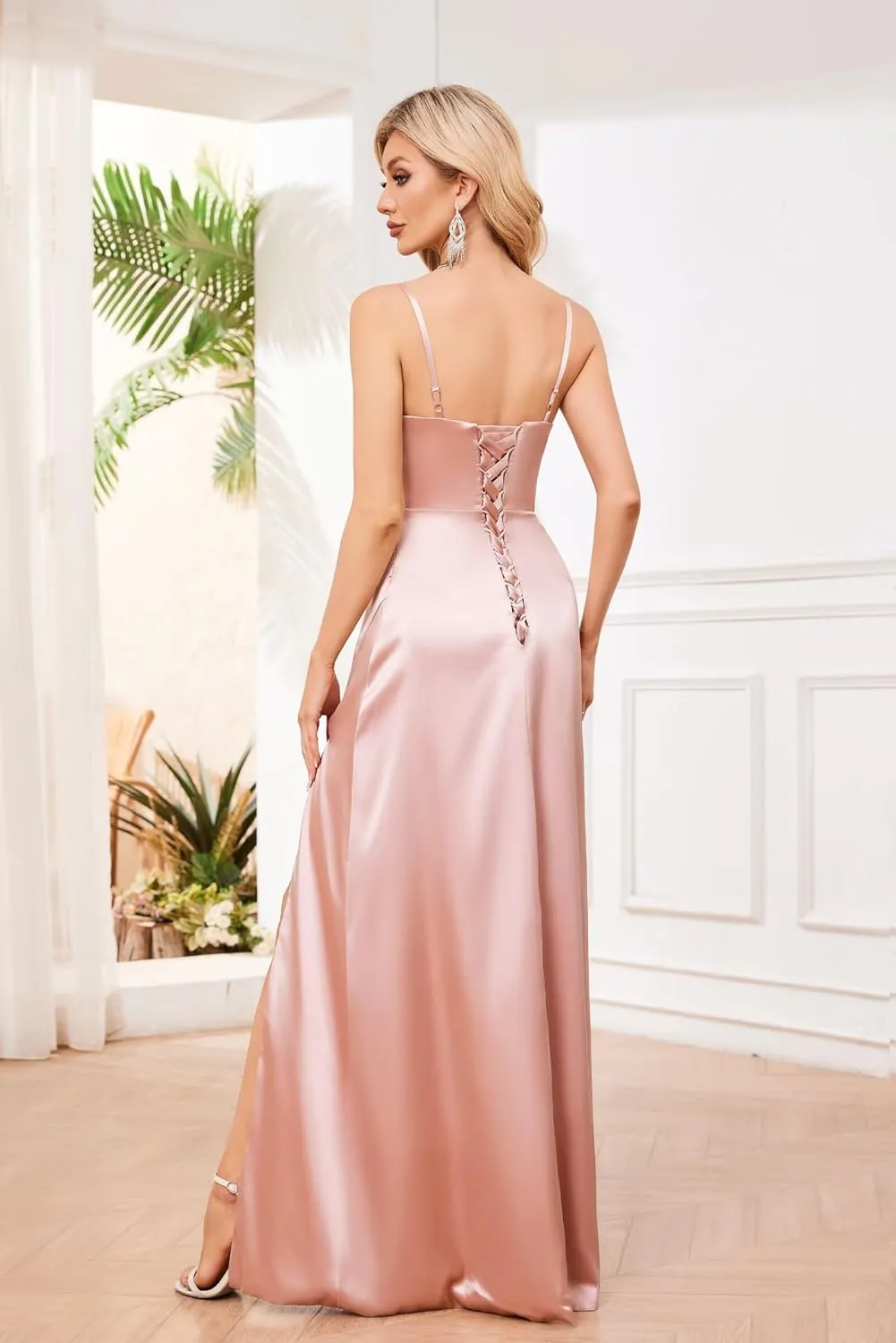 Women's Satin Bridesmaid Dresses with Slit Mermaid Prom Dress Long Ruched Wedding Guest Gown