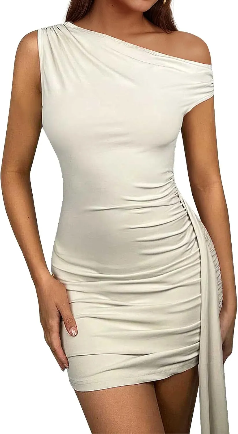 Women's Sexy Bodycon Mini Dress Slim Fit Asymmetrical Neck Sleeveless Dresses Party Cocktail Date Night Short Dress
