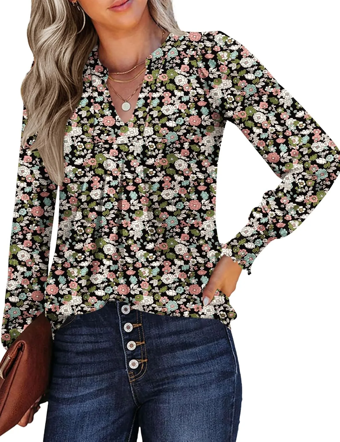 Womens V Neck Long Sleeve Blouses Tops 2024 Fall Fashion Ruffle Cuffs Dressy Casual T-Shirts