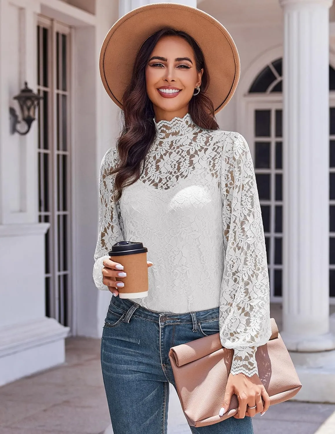 Zeagoo Women Lace Tops Long Sleeves Mock Neck Casual Dressy Tops with Separable Camisole Sexy Blouses Shirts 2 PCS Set