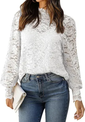 Zeagoo Women Lace Tops Long Sleeves Mock Neck Casual Dressy Tops with Separable Camisole Sexy Blouses Shirts 2 PCS Set