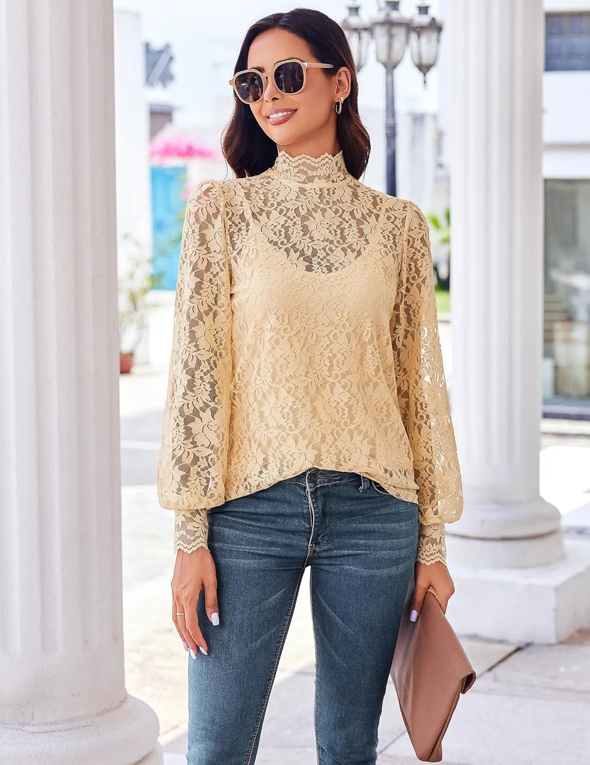 Zeagoo Women Lace Tops Long Sleeves Mock Neck Casual Dressy Tops with Separable Camisole Sexy Blouses Shirts 2 PCS Set