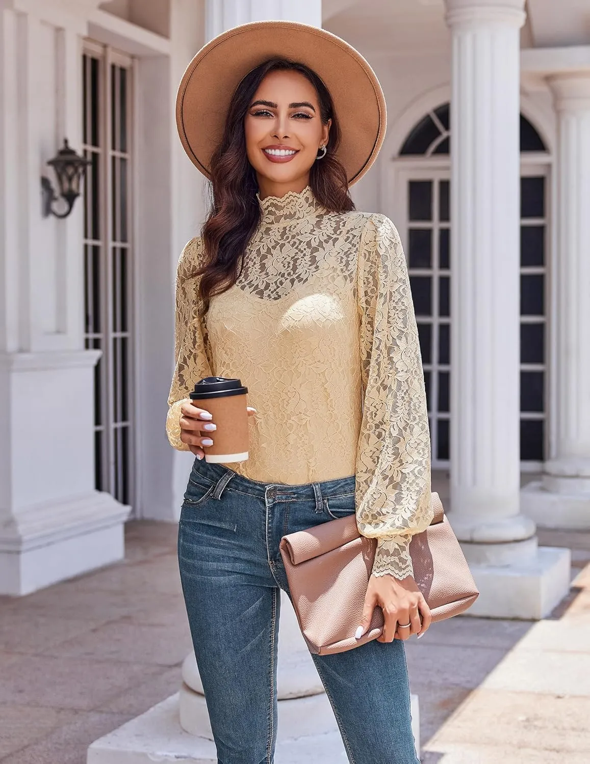 Zeagoo Women Lace Tops Long Sleeves Mock Neck Casual Dressy Tops with Separable Camisole Sexy Blouses Shirts 2 PCS Set