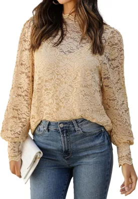 Zeagoo Women Lace Tops Long Sleeves Mock Neck Casual Dressy Tops with Separable Camisole Sexy Blouses Shirts 2 PCS Set