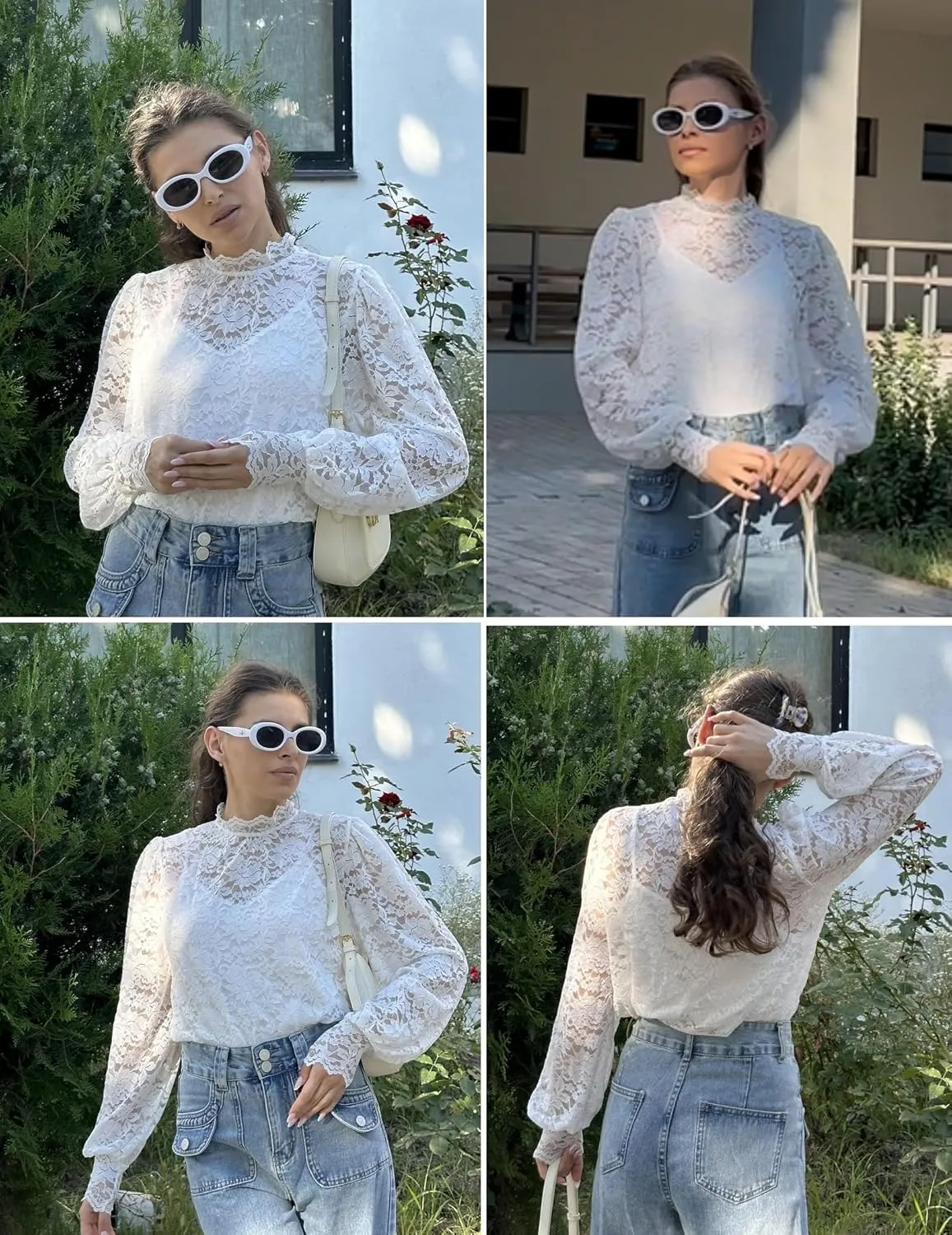 Zeagoo Women Lace Tops Long Sleeves Mock Neck Casual Dressy Tops with Separable Camisole Sexy Blouses Shirts 2 PCS Set