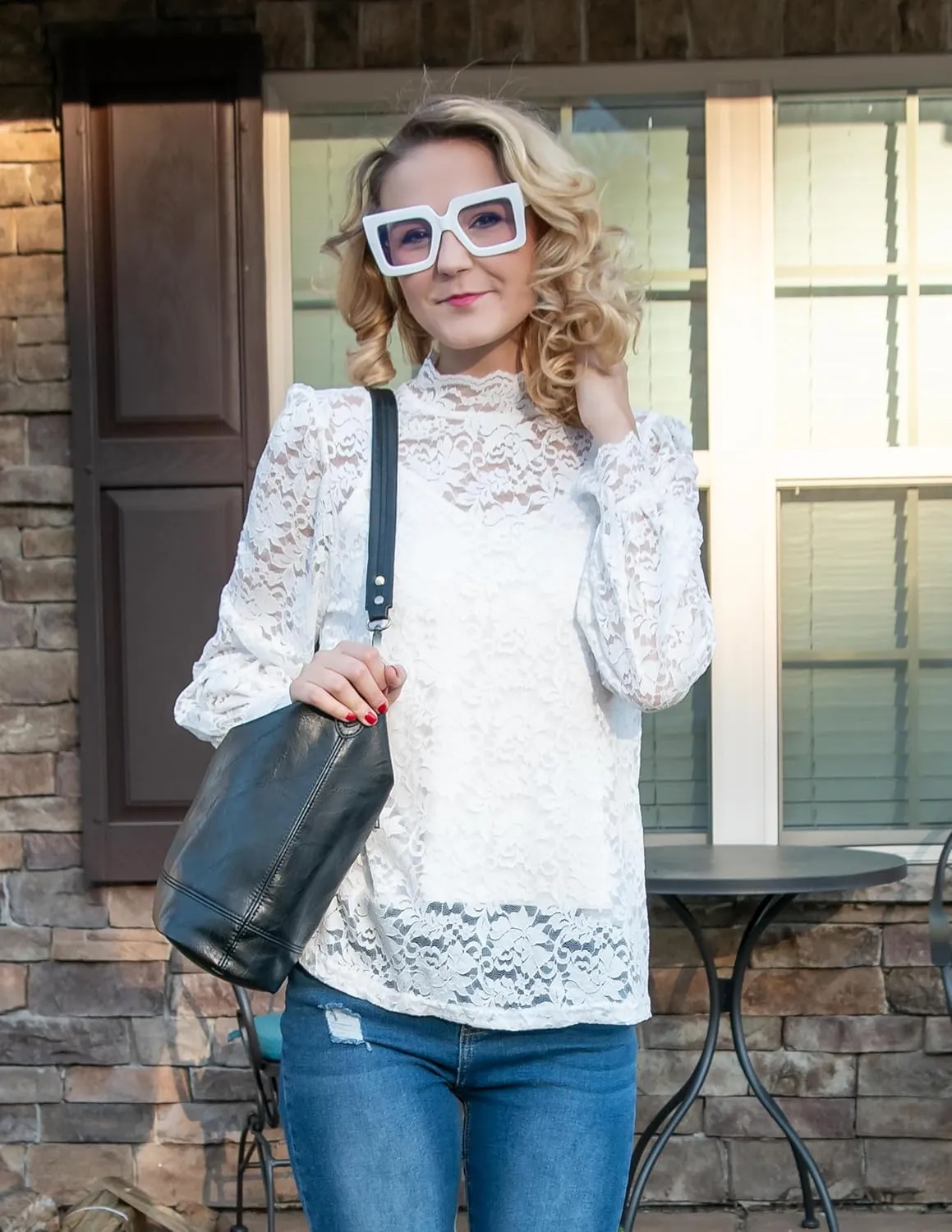 Zeagoo Women Lace Tops Long Sleeves Mock Neck Casual Dressy Tops with Separable Camisole Sexy Blouses Shirts 2 PCS Set