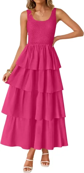 ZESICA Women's 2025 Summer Boho Sleeveless Midi Dress Scoop Neck Ruffle Tiered Layered Swing Long Beach Vacation Dresses