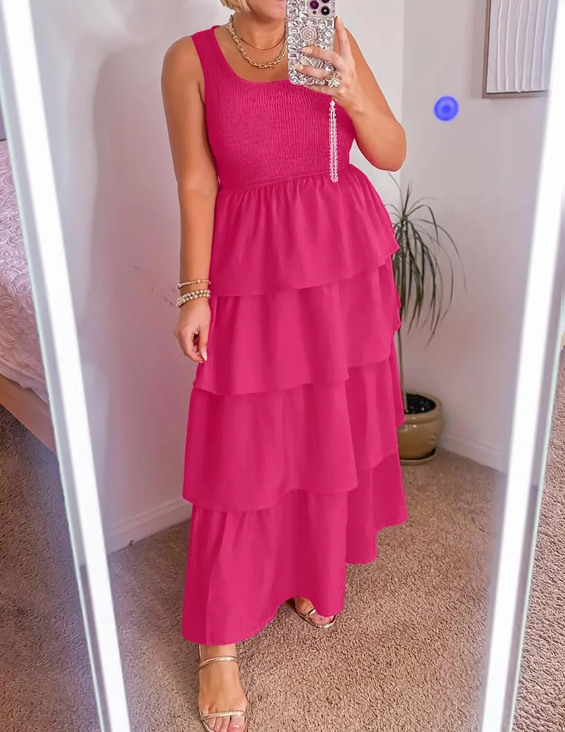 ZESICA Women's 2025 Summer Boho Sleeveless Midi Dress Scoop Neck Ruffle Tiered Layered Swing Long Beach Vacation Dresses
