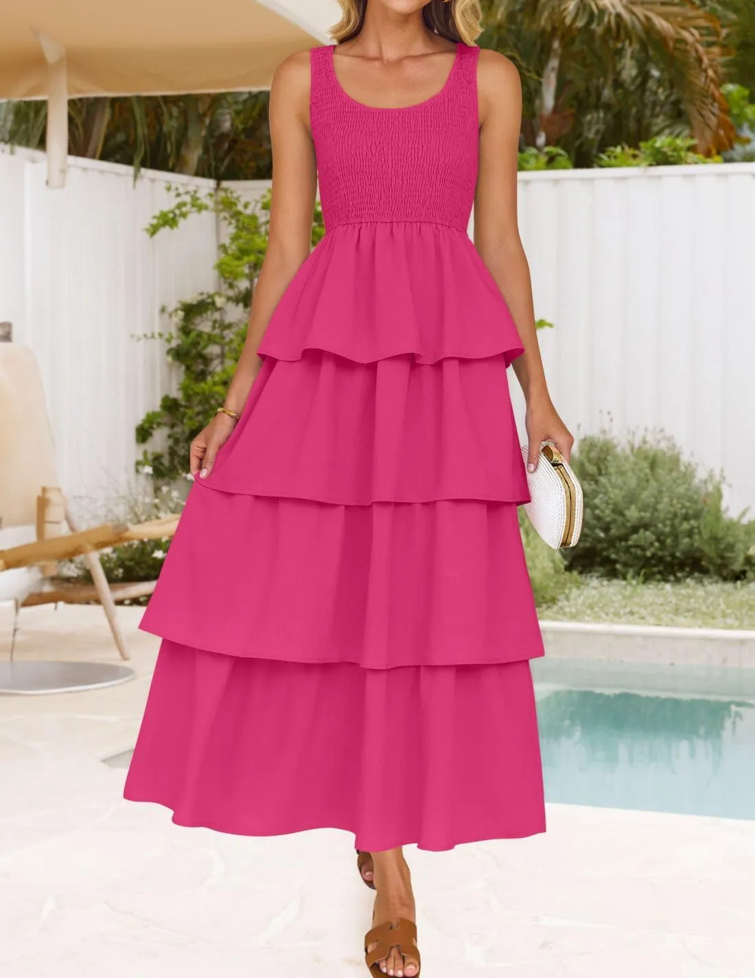 ZESICA Women's 2025 Summer Boho Sleeveless Midi Dress Scoop Neck Ruffle Tiered Layered Swing Long Beach Vacation Dresses