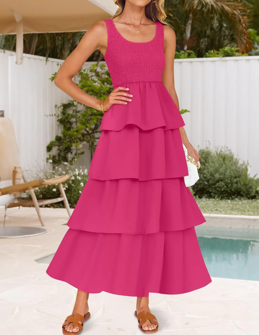 ZESICA Women's 2025 Summer Boho Sleeveless Midi Dress Scoop Neck Ruffle Tiered Layered Swing Long Beach Vacation Dresses
